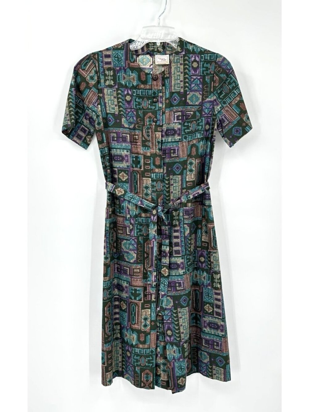 vintage 70s A LINE SHORT SLEEVE DRESS M aztec southwestern festival casual boho - Picture 2 of 13